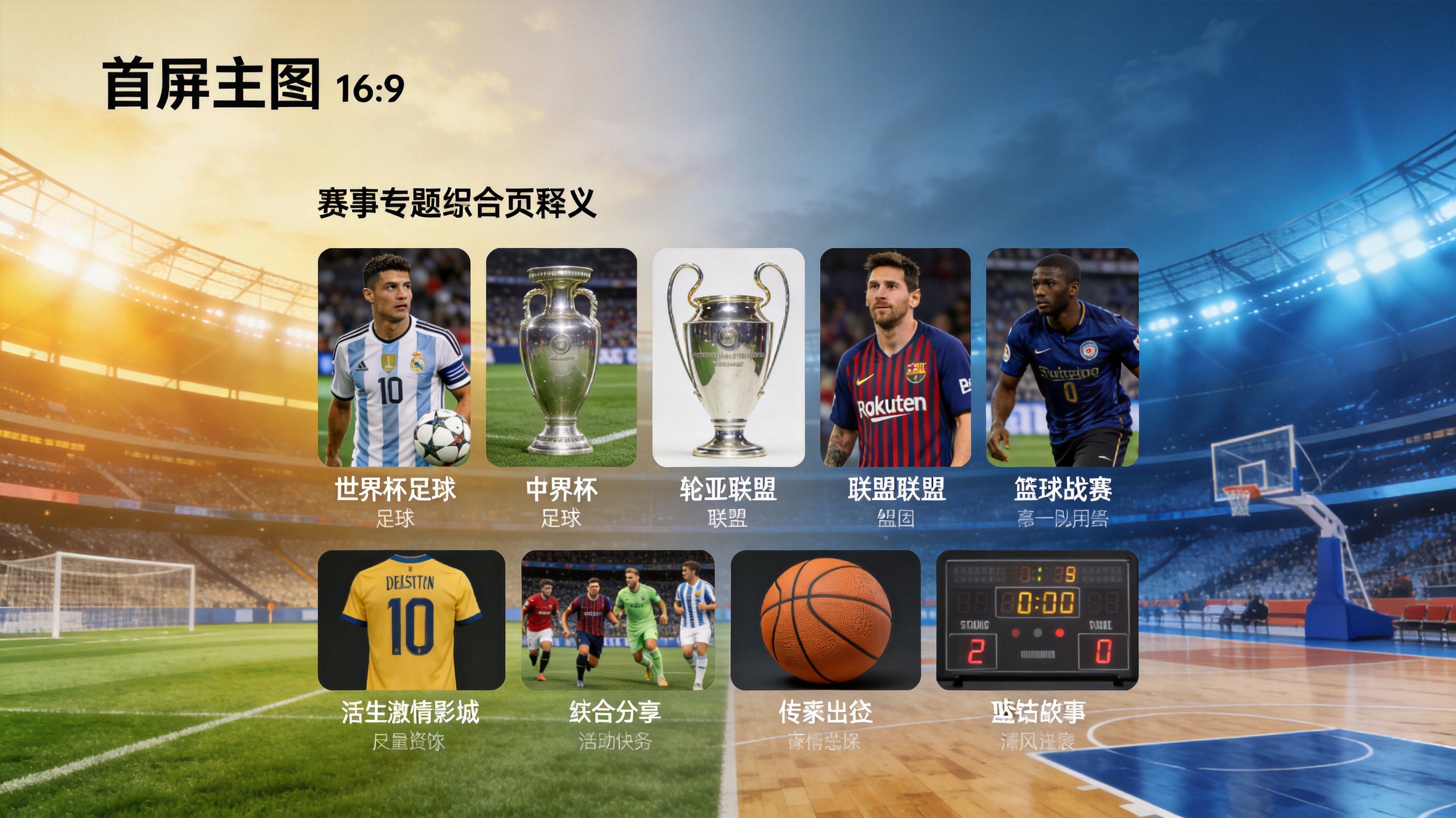 赛事专题聚合页示意，展示以世界杯、欧冠、联赛和篮球赛事为入口的内容分组